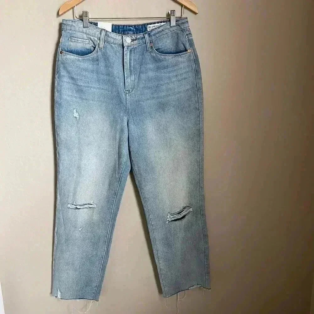 BlankNYC Madison NWT High Rise Straight Leg Crop Jeans Light Wash Raw Hem Sz 30